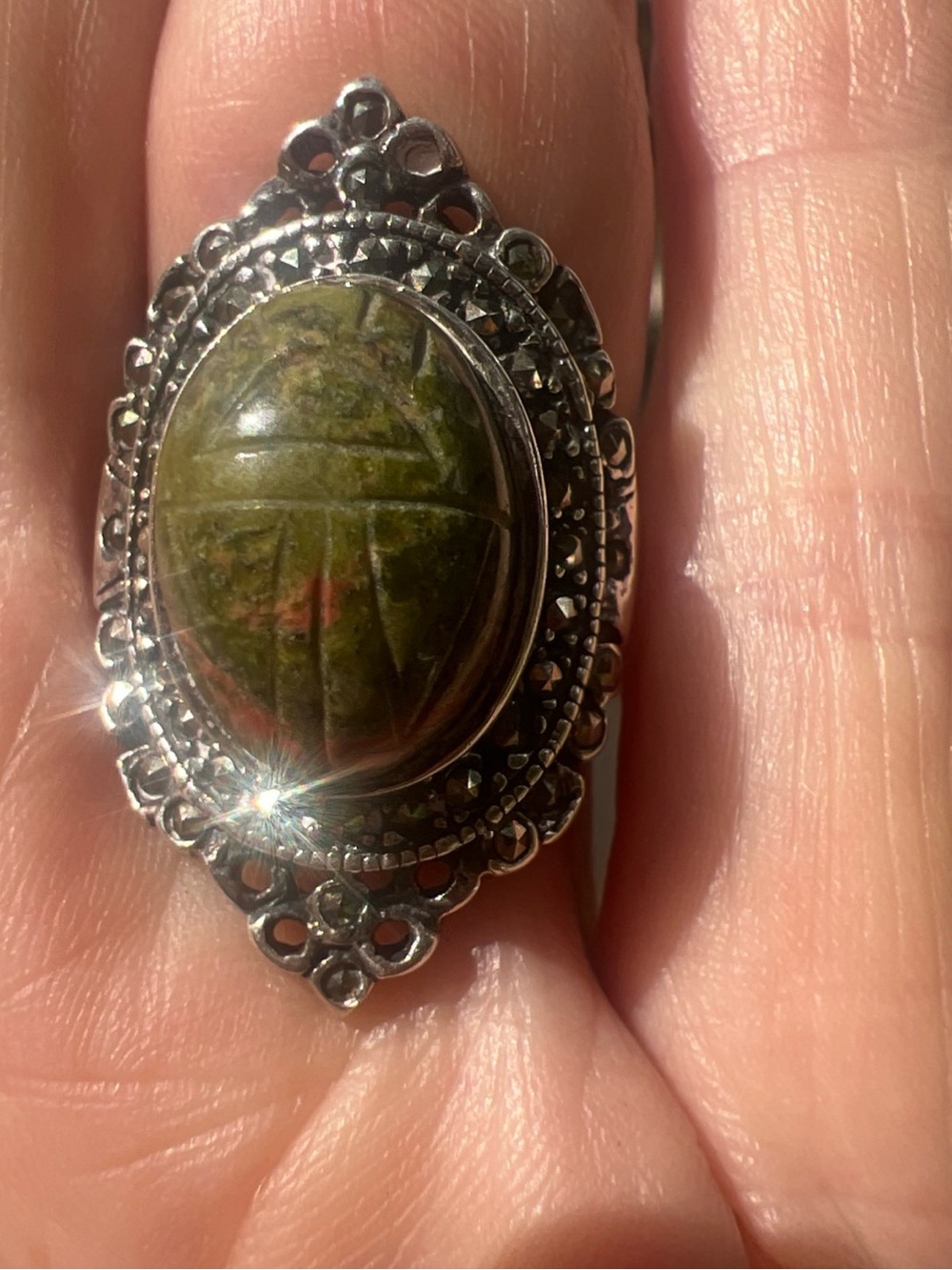 Vintage Carved Unakite Scarab Ring with Marcasite Frame